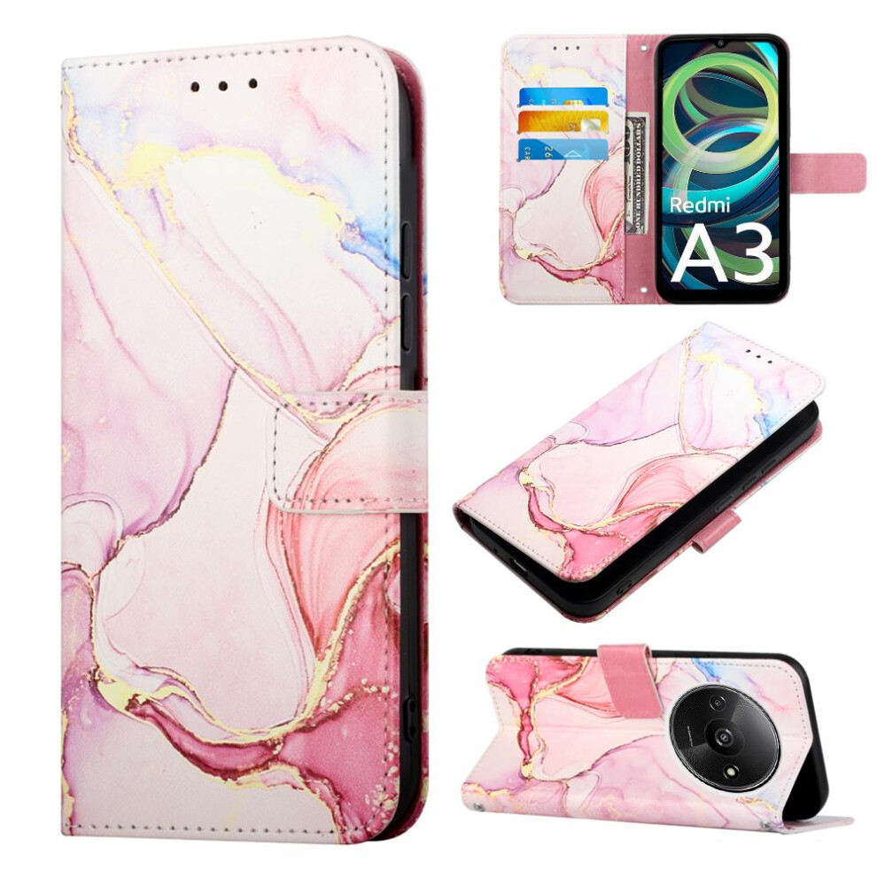 (Pink) Case For Xiaomi Redmi A3 Pu Leather Marble Pattern Wallet Kickstand Pink 764762681975