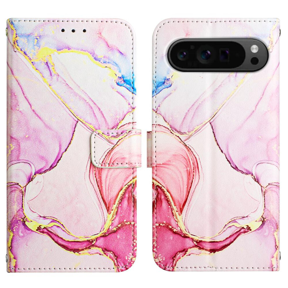 (Pink) Case For Google Pixel 9 Pro Wallet PU Leather Marble Pattern Kickstand
