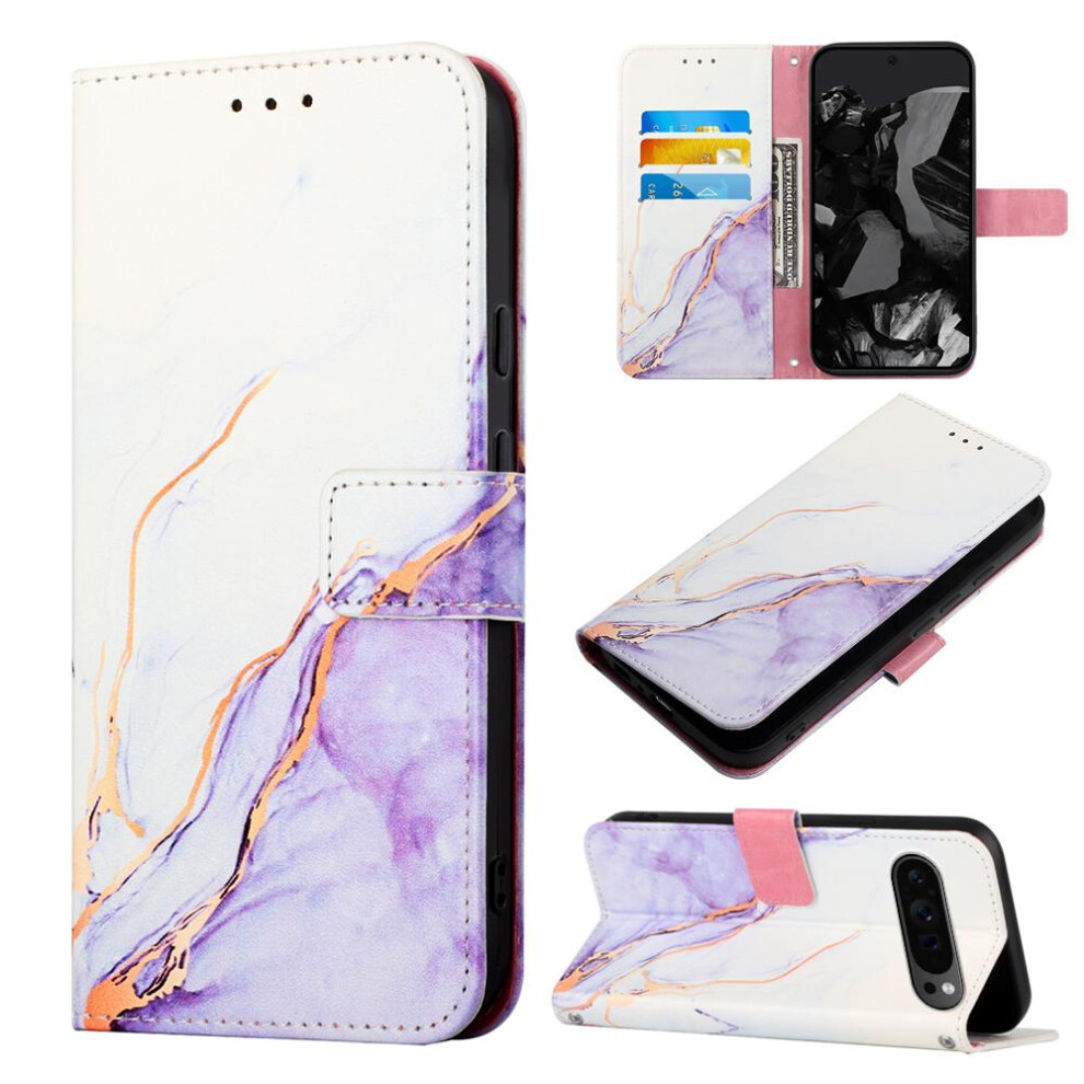 (Purple) Case For Google Pixel 9 Pro Wallet Pu Leather Marble Pattern Kickstand Purple 764762682064