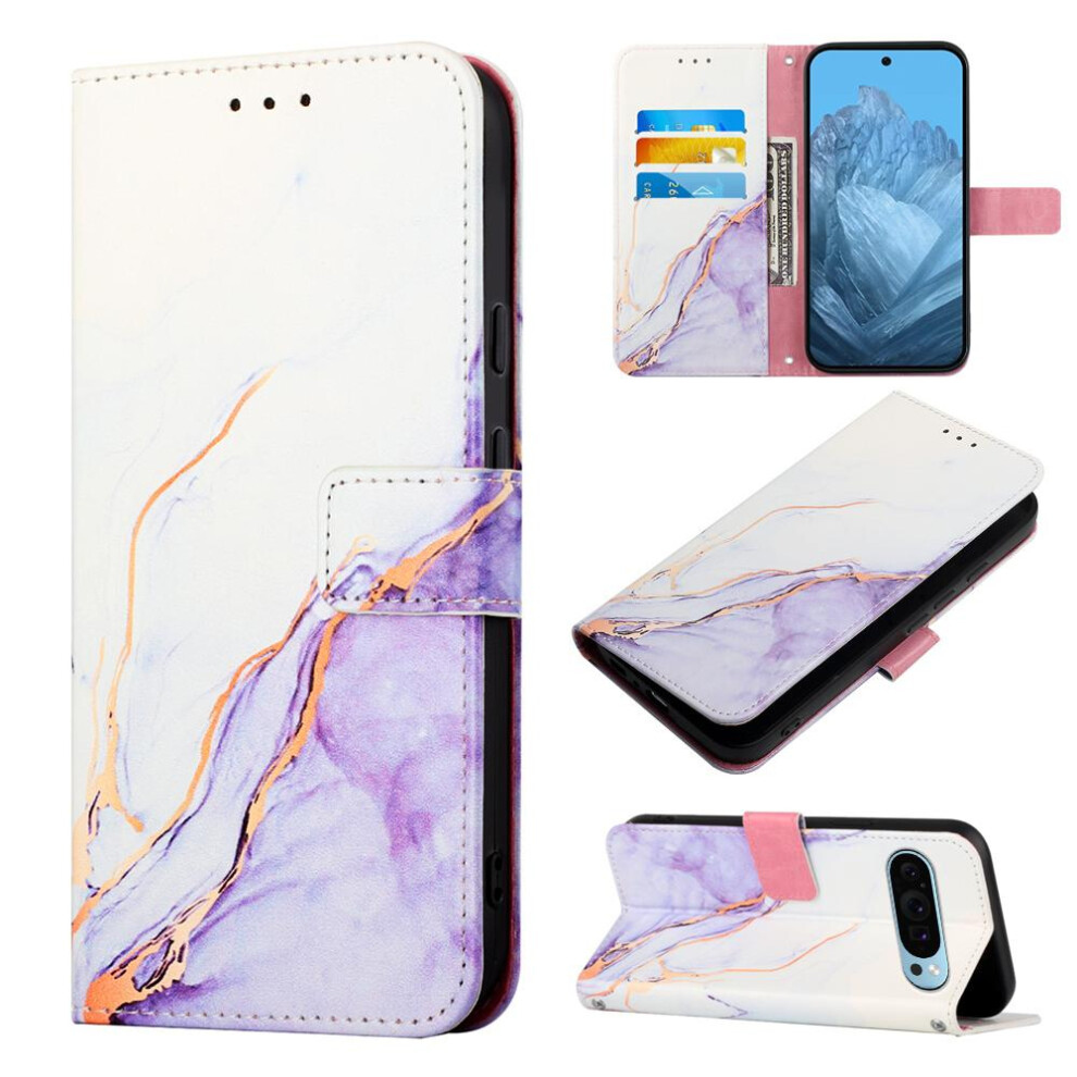(Purple) Case For Google Pixel 9 Kickstand Wallet Marble Pattern Pu Leather Purple 764762682125