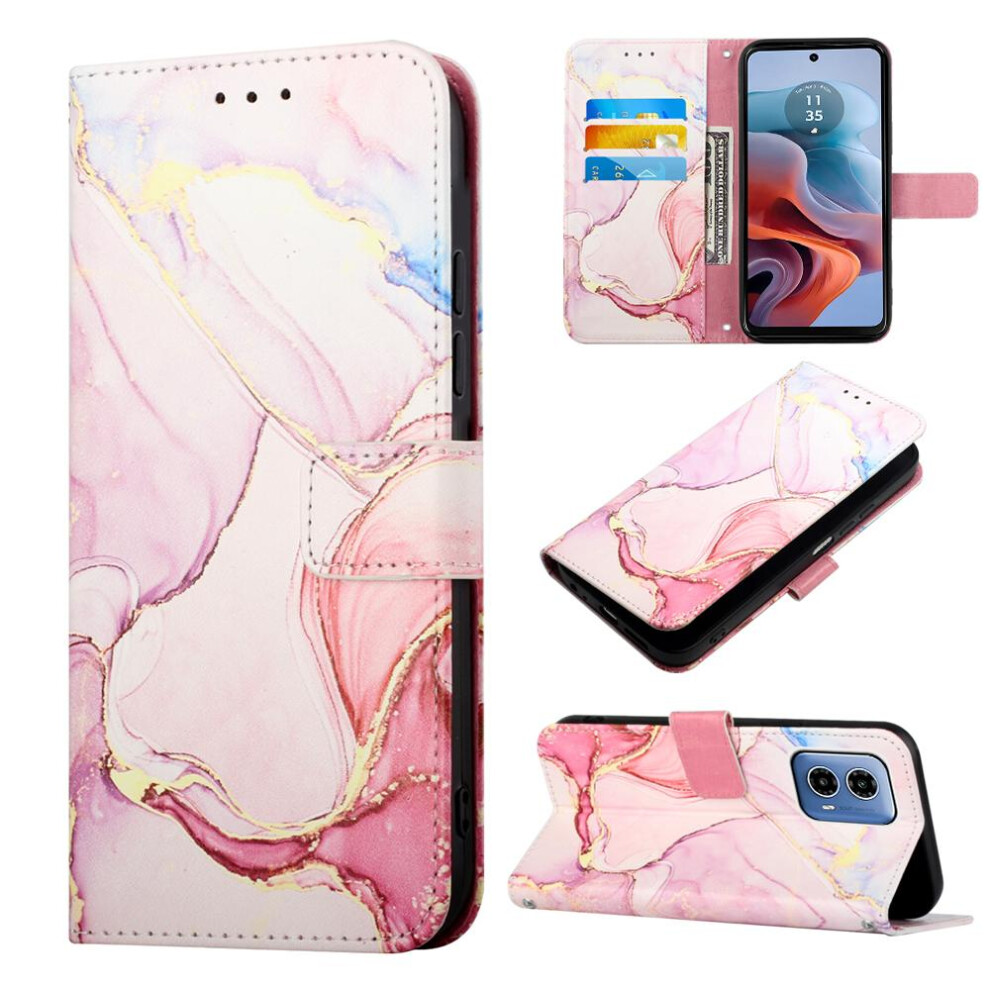 (Pink) Case For Motorola Moto G34 Marble Pattern Wallet Pu Leather Kickstand Pink 764762682330