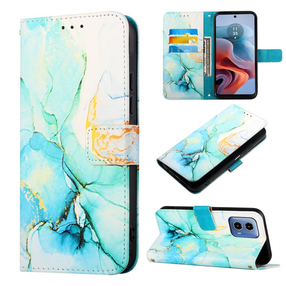 (Green) Case For Motorola Moto G34 Marble Pattern Wallet Pu Leather Kickstand Green 764762682378