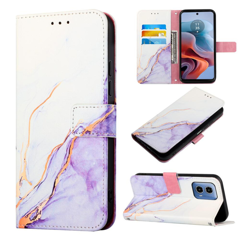 (Purple) Case For Motorola Moto G34 Marble Pattern Wallet Pu Leather Kickstand Purple 764762682361