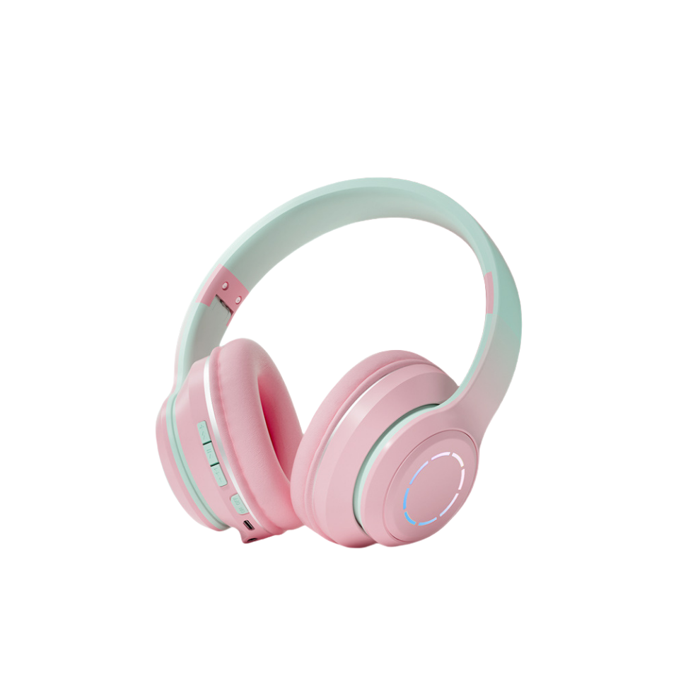 (Pink) Music Headset Gradient Bluetooth Headphone Wireless LED Light Gamer Earphone Kids