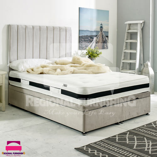 (Double-4ft6, Silver Plush) OTTOMAN DIVAN BED END LIFT STORAGE 54" HEADBOARD+MATTRESS 2