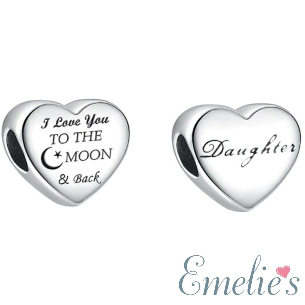 Daughter I Love you to the Moon and Back Charm for Pandora Bracelet. Sterling Silver