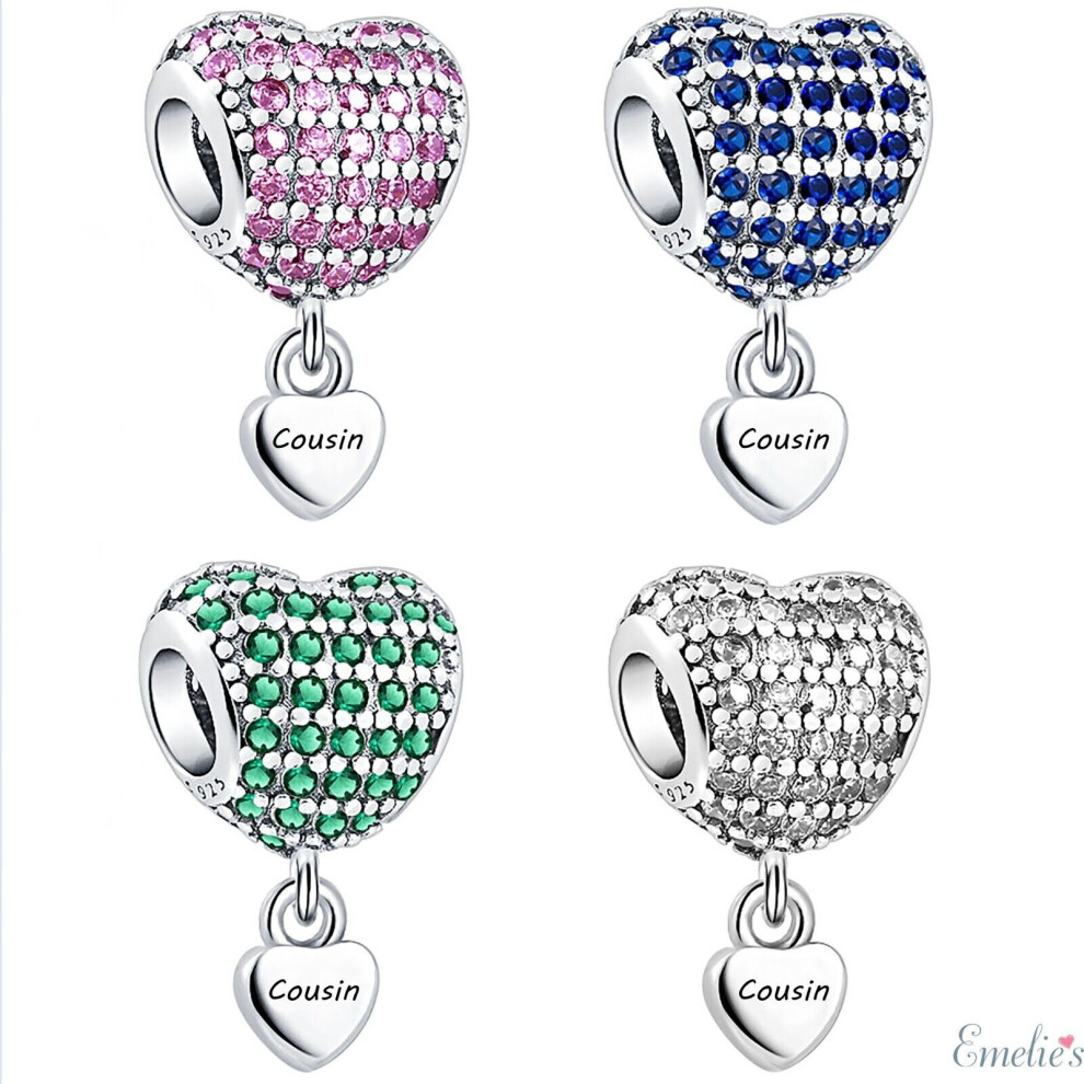 (Pink) Cousin Charm for Pandora Bracelet. Crystal 925 Sterling Silver. Cousin Gift