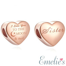 Sister I Love you to the Moon and Back Charm for Pandora Bracelet. Sterling Silver Rose Gold