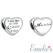 Auntie I Love you to the Moon and Back Charm for Pandora Bracelet. S925 Sterling Silver