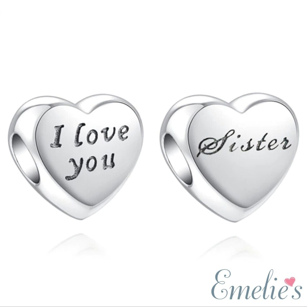 Sister I Love You Charm for Pandora Bracelet. Sterling Silver