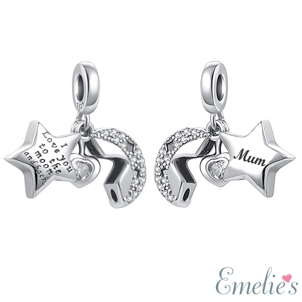 Mum I Love you to the Moon and Back Charm for Pandora  Bracelet. Sterling Silver Charm