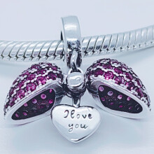 (Pink) I Love You Heart Charm for Pandora Bracelet or Necklace. 925 Sterling Silver