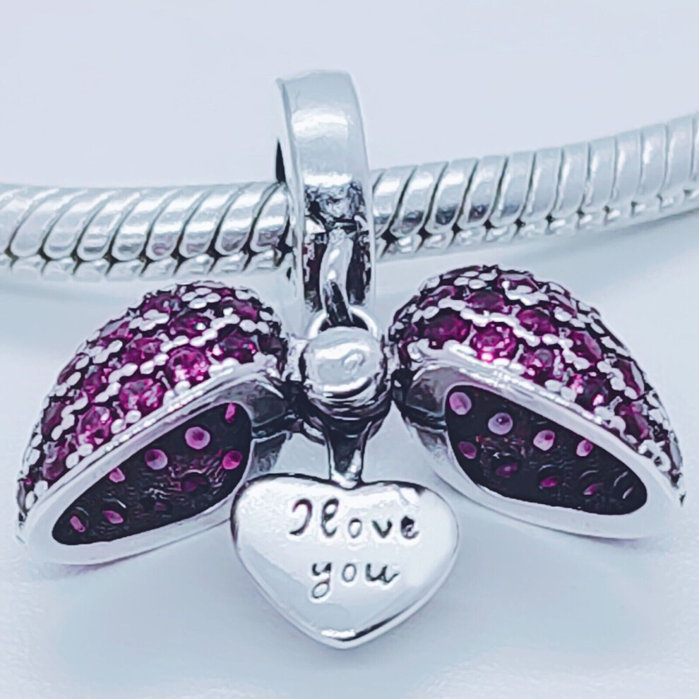 (Pink) I Love You Heart Charm for Pandora Bracelet or Necklace. 925 Sterling Silver