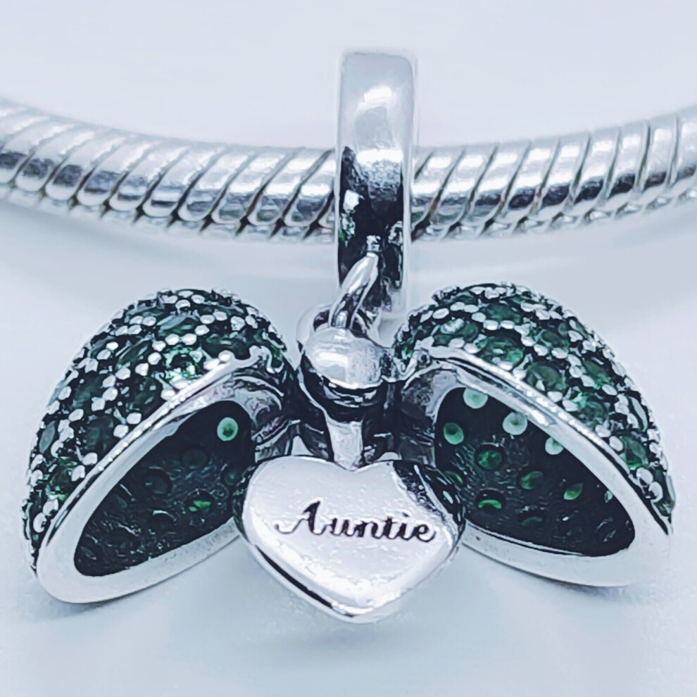 (Green) Auntie Heart Charm Locket for Pandora Bracelet or Necklace. 925 Sterling Silver