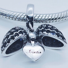 (Blue) Auntie Heart Charm Locket for Pandora Bracelet or Necklace. 925 Sterling Silver