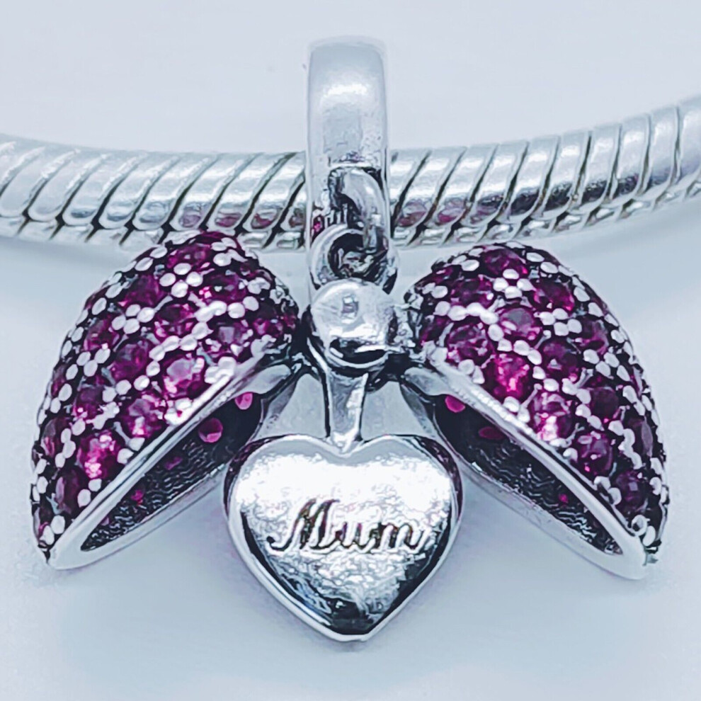 (Pink) Mum I Love You Heart Charm for Pandora Bracelet or Necklace. 925 Sterling Silver Pendant