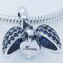 (Blue) Mum I Love You Heart Charm for Pandora Bracelet or Necklace. 925 Sterling Silver Pendant