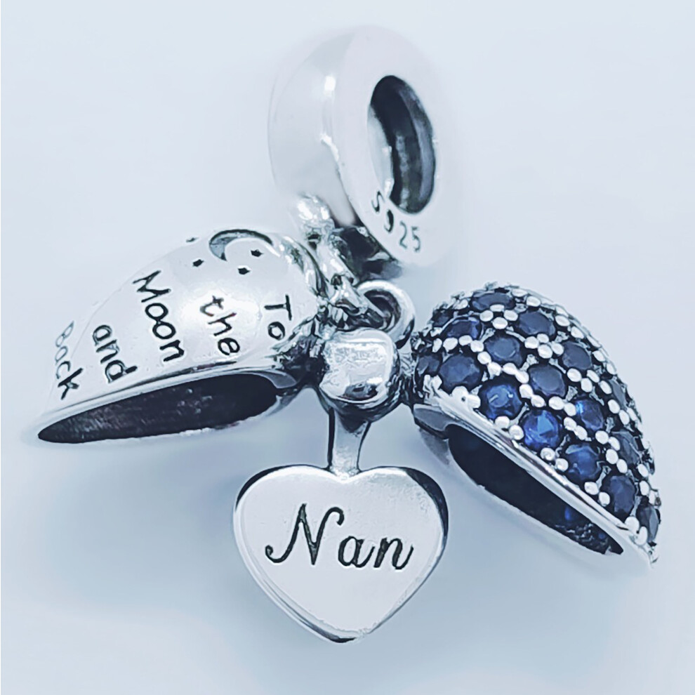 (Blue) Nan I Love You To The Moon and Back Heart Pendant and Necklace. Pendant also fits Pandora Bracelet.  Available in 4 colours