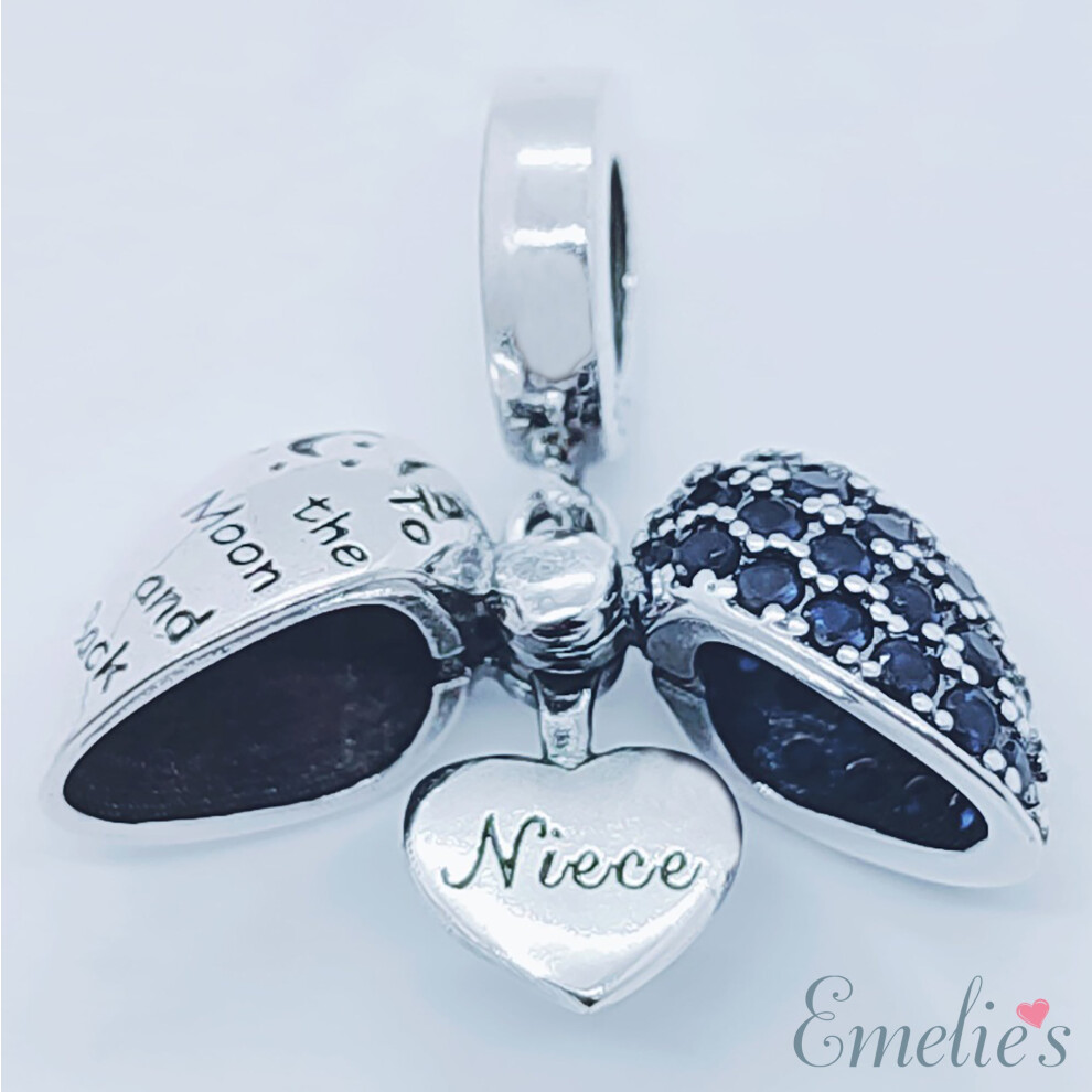 (Blue) Niece I Love You To The Moon and Back Heart Pendant and Necklace. Pendant also fits Pandora Bracelet.  Available in 4 colours