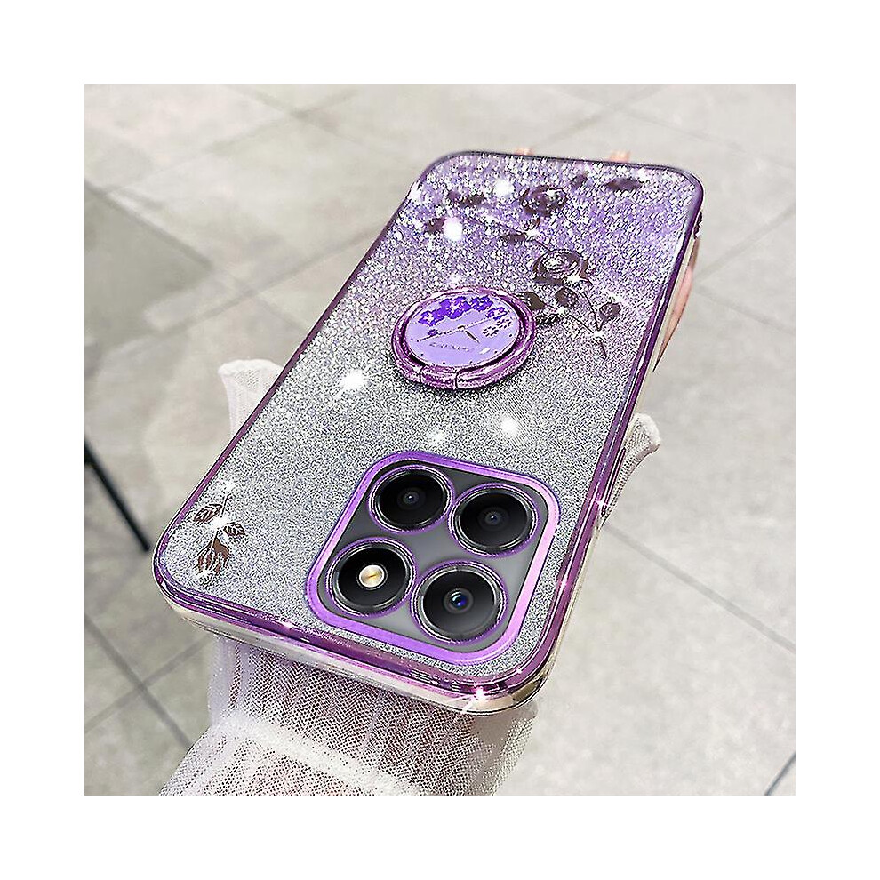 (Purple) For Honor X8 5G/X6 4G/70 Lite 5G Ring Kickstand Tpu Case Gradient Glitter Flower Pattern Phone Cover Purple 9033322945712
