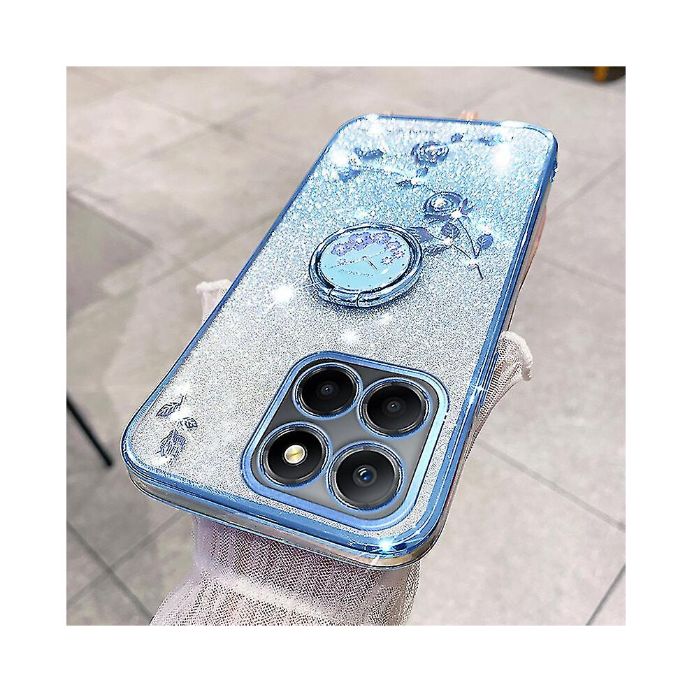 (Blue) For Honor X8 5G/X6 4G/70 Lite 5G Ring Kickstand Tpu Case Gradient Glitter Flower Pattern Phone Cover Blue 9033322945736