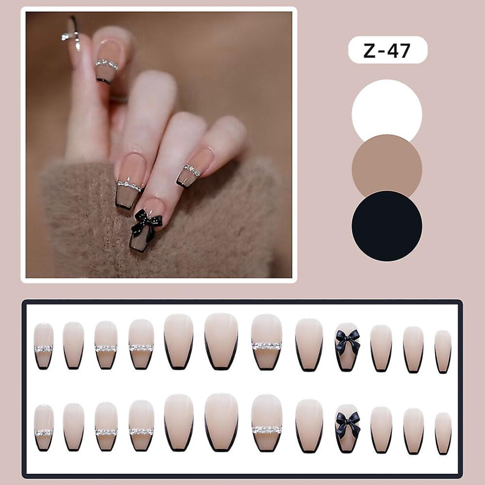 Black (Glue Models) 24Pcs Glossy Wearable False Nail Long Bow Fake Nail For Women And Girl