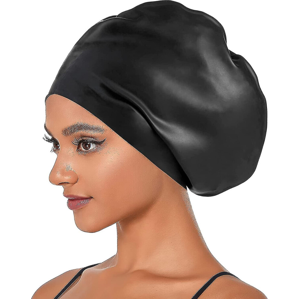 (Black) Extra Large Silicone Swim Cap For Long Hair Braids And Dreadlocks,waterproof Silicone Swimming Caps For Women Men Kids