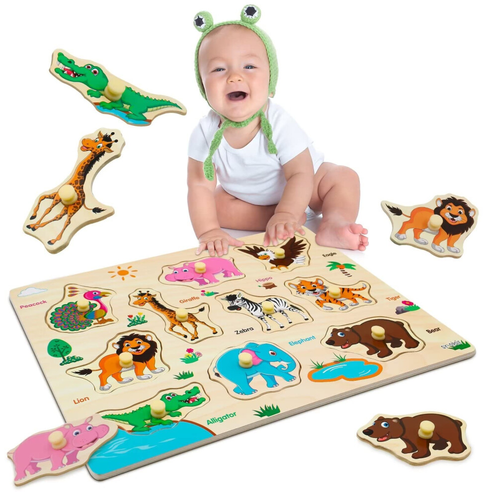 Wooden Peg Puzzles for 1 2 3 Year Olds, Wild Animals Pattern Educational Learning Kids Toys for Girls Boys Gifts, Birthday, Christmas, Easter and