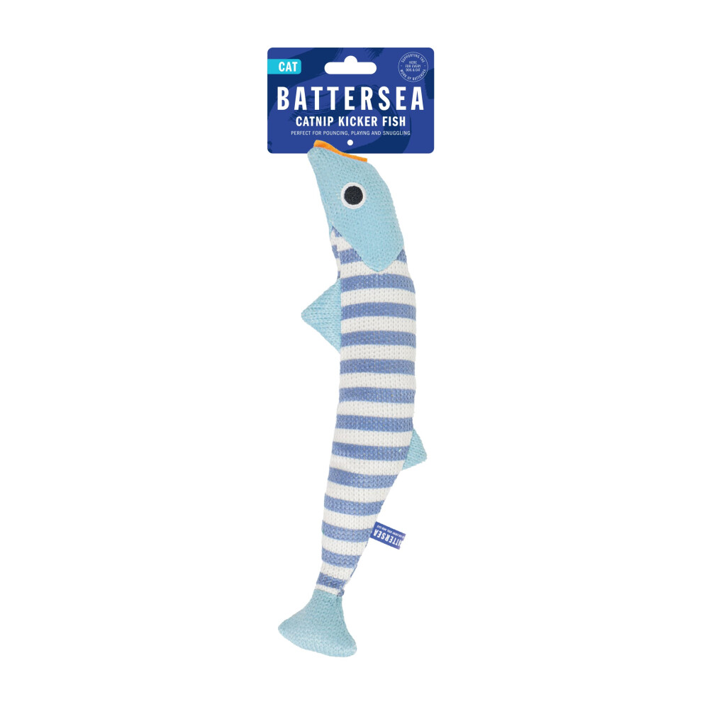 Battersea Catnip Kicker Fish (Stripe), Catnip Toy, Cat Fish Toy, For Cats and Kittens, Blue, White, 7cm x 30cm, All Breed Sizes