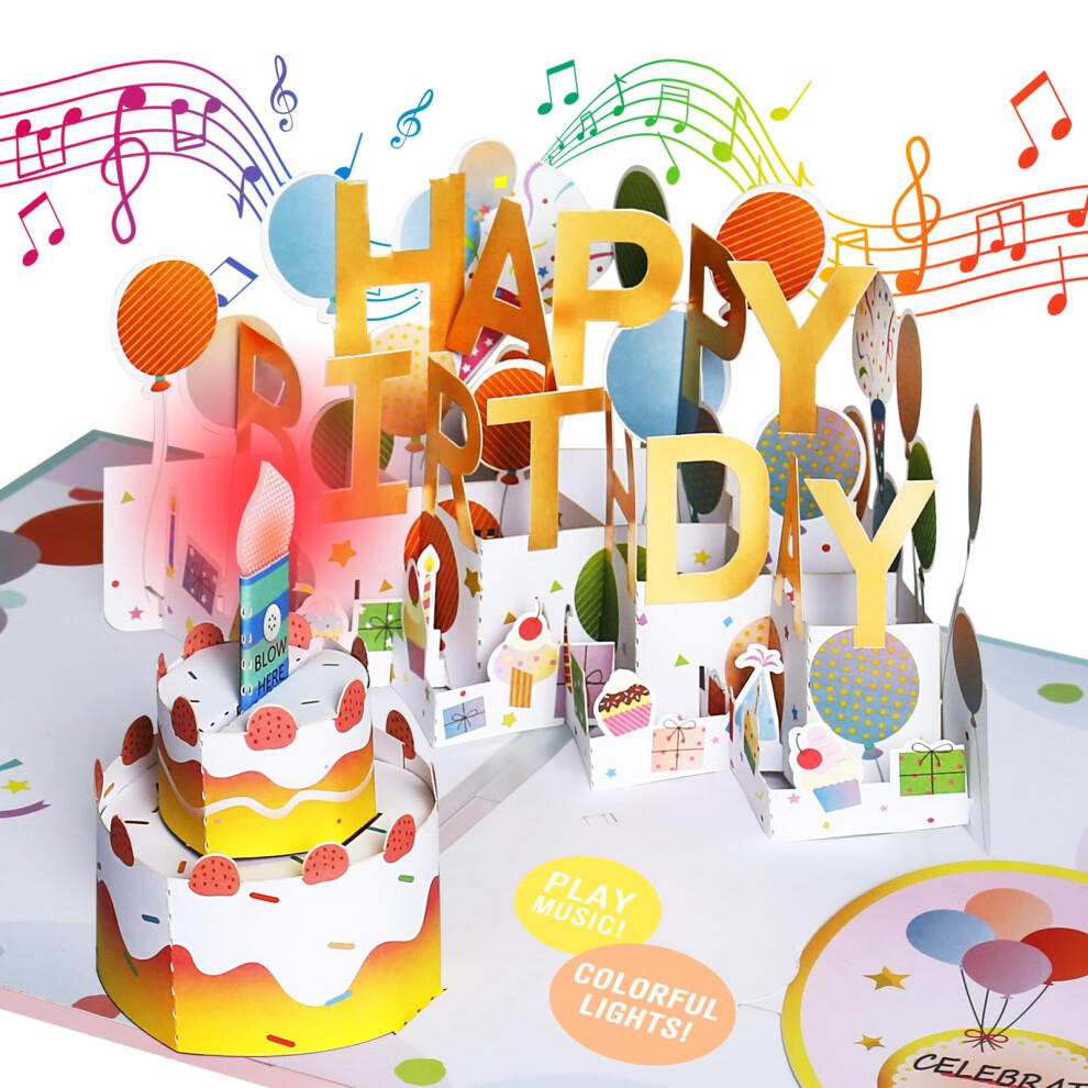 Birthday Card, Musical Birthday Cards with Light 3D Pop up Birthday Cards and Play Happy Birthday Music Blow Out LED Light and Cheers 'Happy