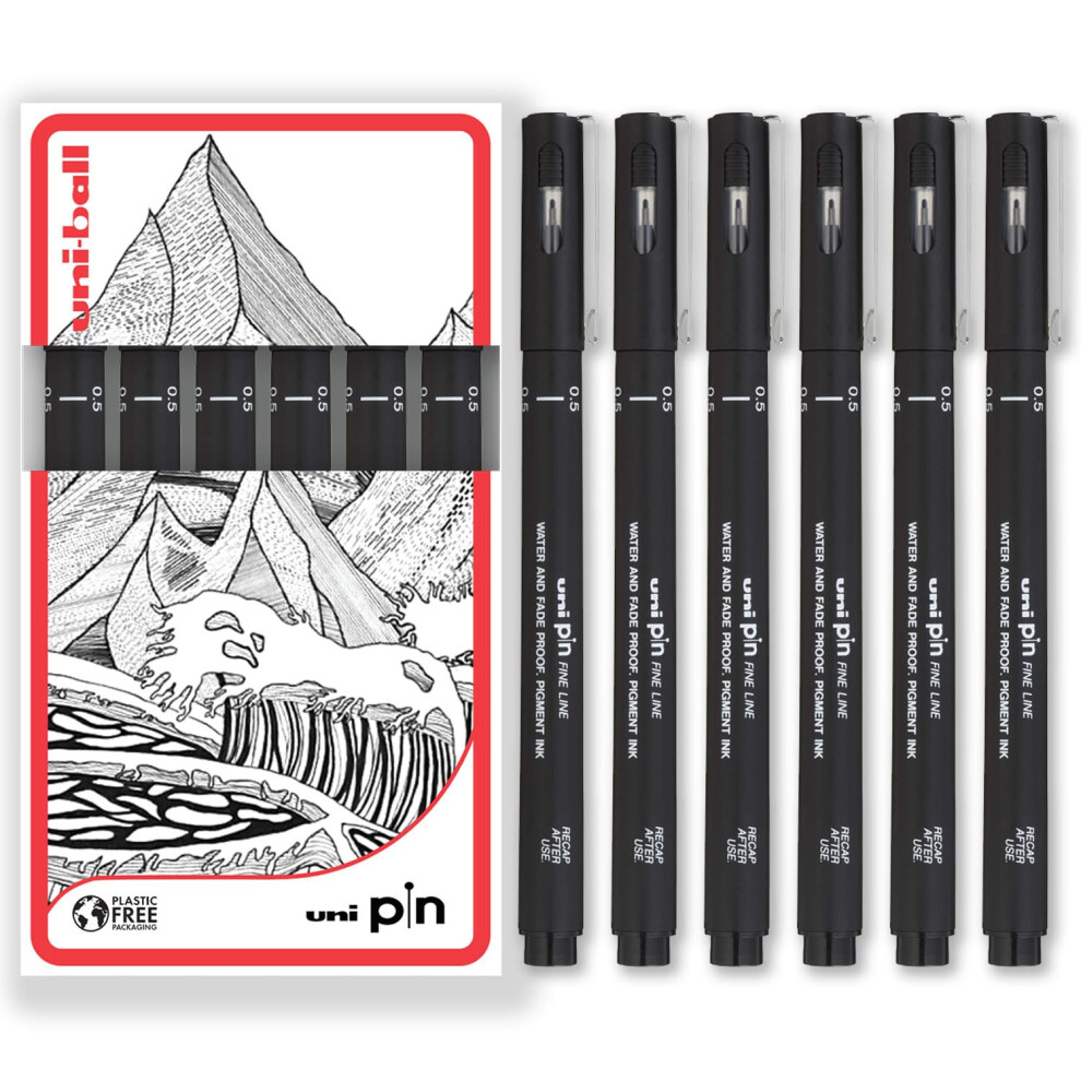 Uni Pin Fineliner Drawing Pen - Black Ink - Pack of 6 - Fine 0.5mm Nib Tip - in Gift Box