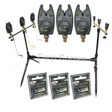 Carp Fishing Rod Pod 3x Black Bite Alarms With Volume Control 3x Indicator Swingers & Rests