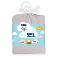 Safe Nights Cot Size Fitted Sheets Set 100% Jersey Cotton Bedside Compatible Pack of Two Grey Easy Care Super Soft Cuddly for Baby with Storage Bag