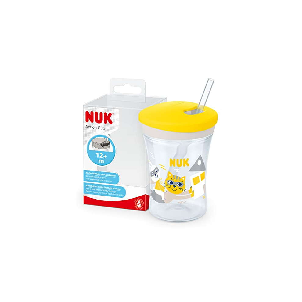 Action Cup Toddler Cup | 12+ Months | Twist Close Soft Drinking Straw | Leak-Proof & Washable | BPA-Free | 230ml | Yellow Cat