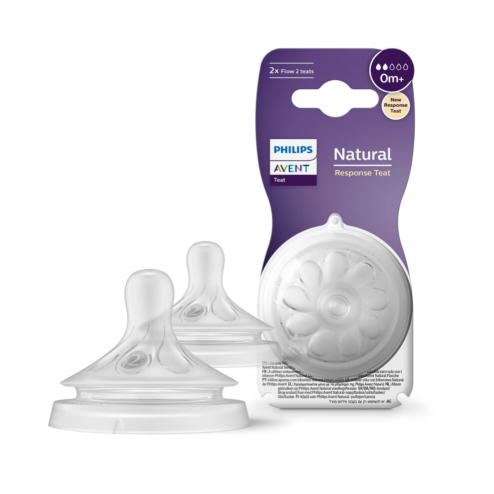 Avent Natural Response Bottle Teat - 2 x Baby Bottle Flow 2 Teats for Newborn Babies, 0+ Months, BPA Free (Model SCY962/02)