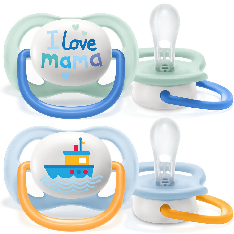 Avent Ultra Air Pacifier, for 0-6m, Orthodontic & BPA-Free, 2 pcs, Including Sterilizer/Carrying Case, SCF080/01 Light Green/Dark Blue and Light