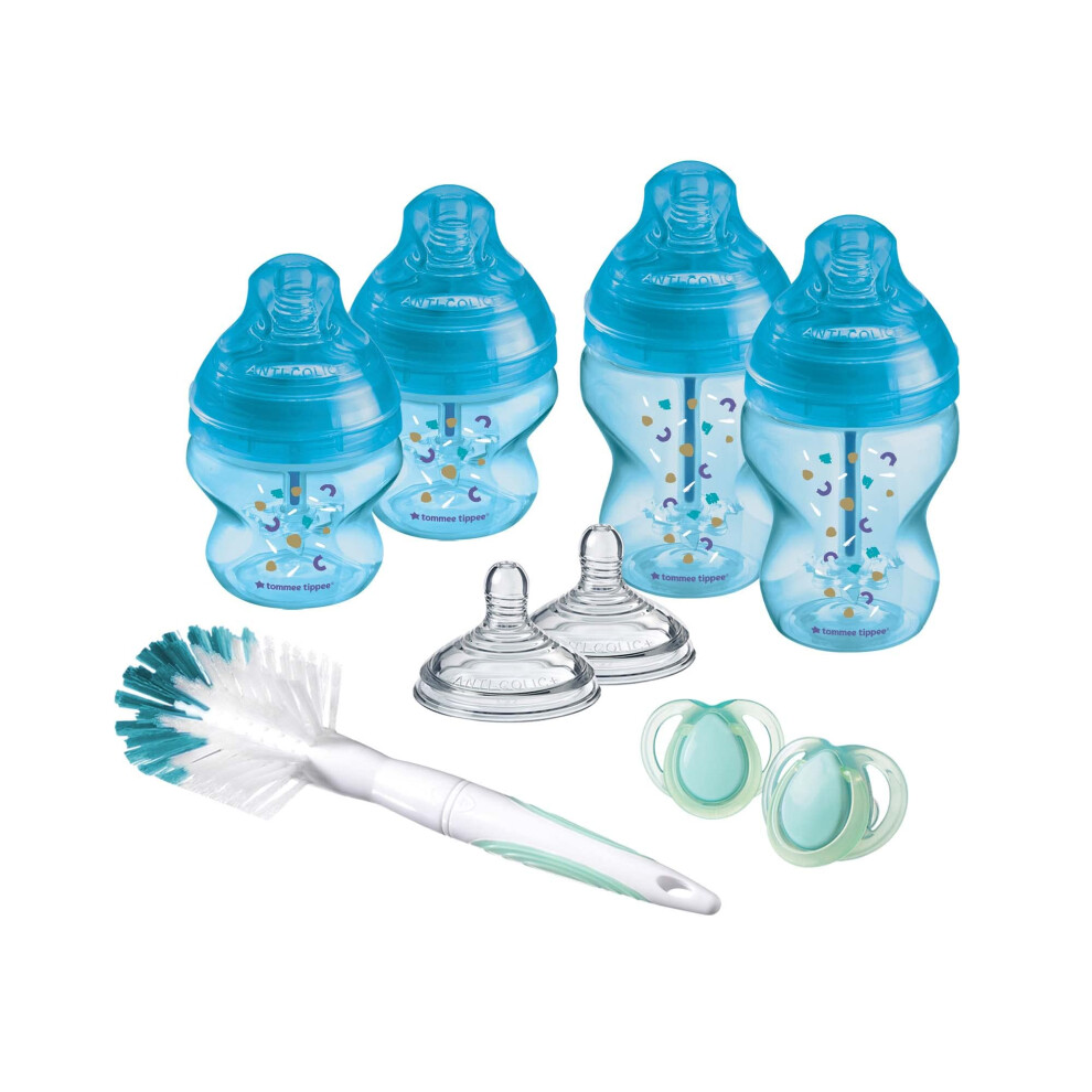 Advanced Anti-Colic Baby Bottle Starter Kit, Slow and Medium-Flow Breast-Like Teats for a Natural Latch, Triple-Vented Anti-Colic Wand, Blue