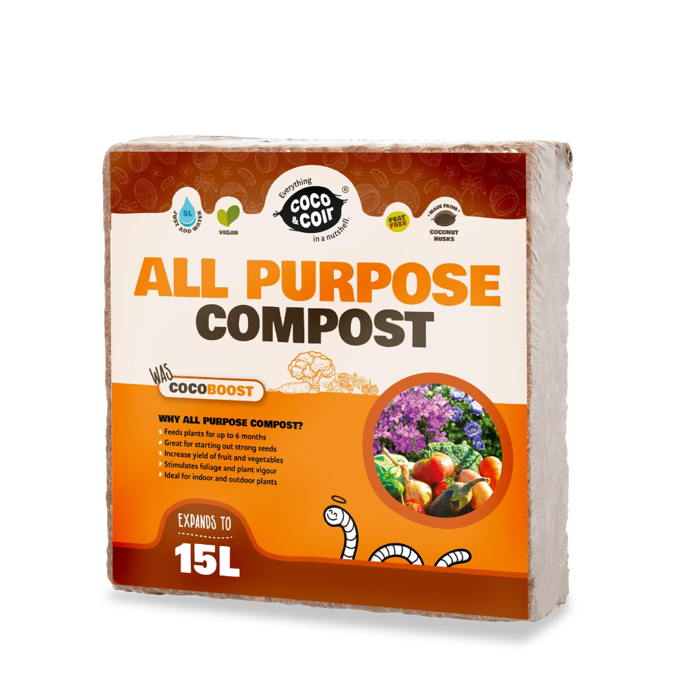 Coco&Coir Everything In A Nutshell Coco & Coir Peat-Free Compost. Potting Compost With 6 Months Nutrition. Coir Soil For Plants Indoors/Outdoor- Coco Boost (15L / 1Kg)