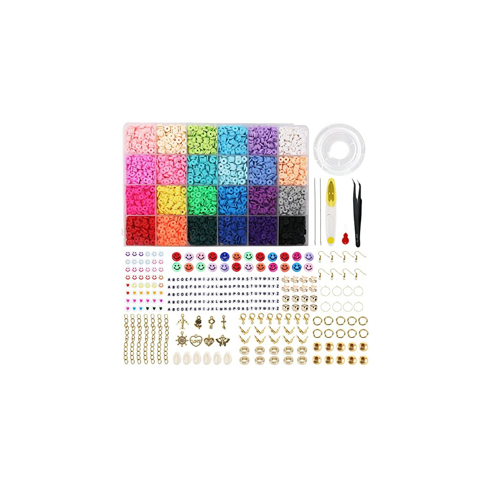 6100+ PCS Clay Beads Kit,Clay Flat Beads Polymer Clay Beads 24 Colours Round, Bracelet Making Kit with Alloy Pendant, Beads Bracelet String for DIY