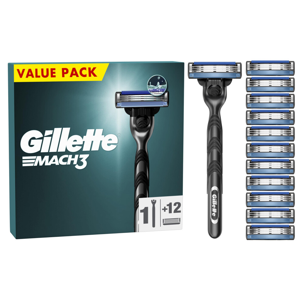 Mach3 Men's Razor + 12 Razor Blade Refills, 3 Blades For A Smooth Shave, Fits All Mach3 Handles