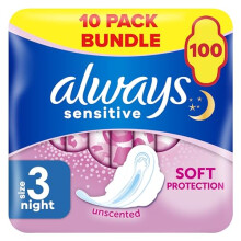 Sensitive Ultra Night Sanitary Towels with Wings, Size 3, 100 Towels (10 x 10 Packs), Saving Box, Odour Neutraliser, Super Absorbent Core