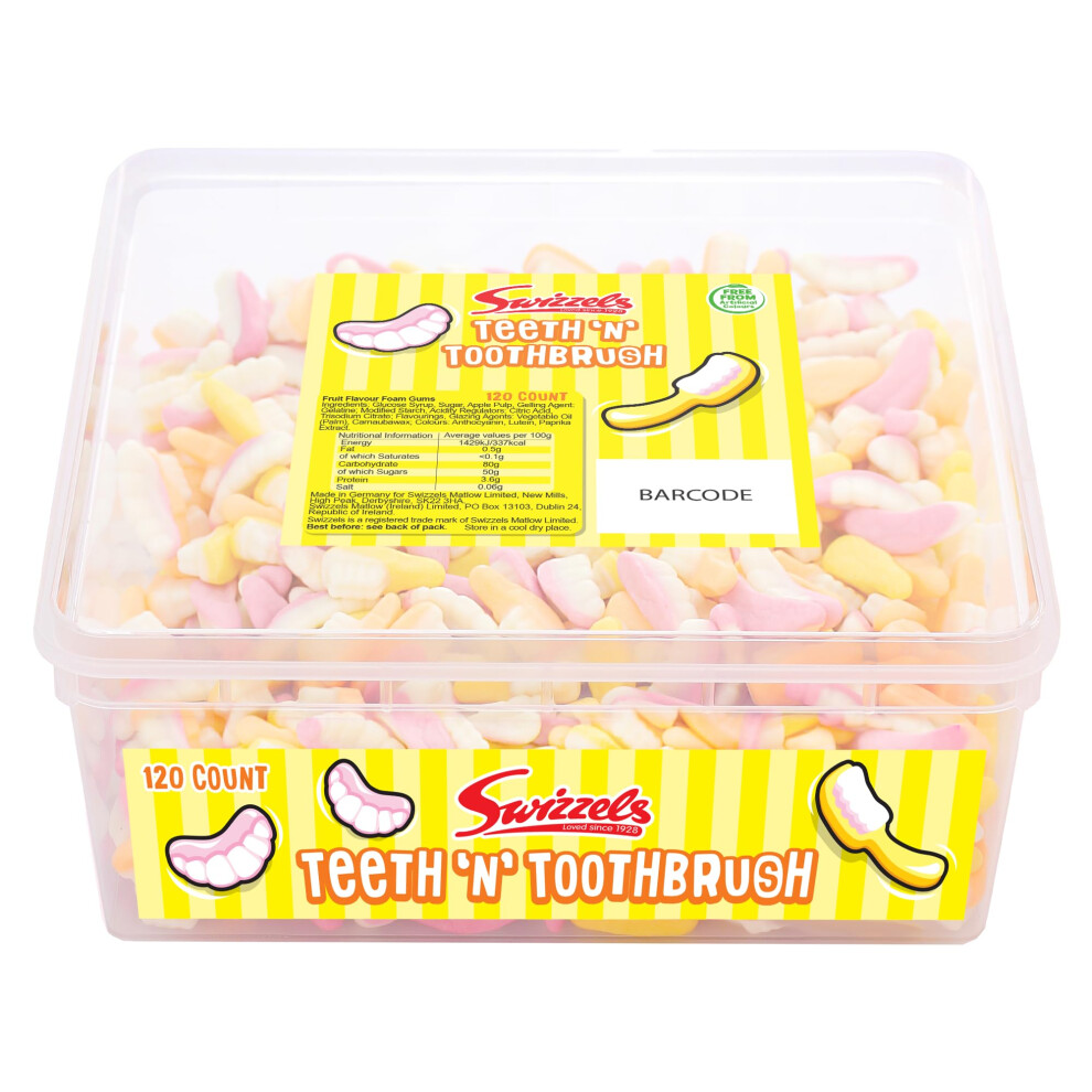 Sweet Tubs, Sweet Teeth N Toothbrush Foam Gums, Fruit Flavour Sweet Gums, Sharing Tub of Sweets, Free From Artificial Colours (120 Sweets