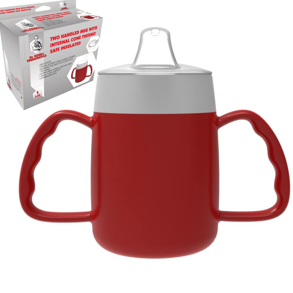 Dr. Bone's Therapeutics Blue/Red Two Handled Mug With Internal Cone With Spouted Lid With Small Opening, Drinking Aid 140 Ml (Red)