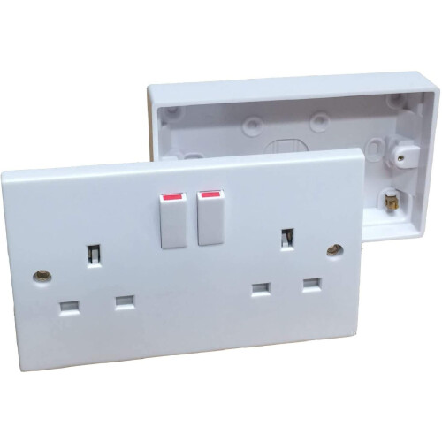Double Wall Socket & Back Box Pattress. Twin 2 Gang Switched Plug Electrical (5)