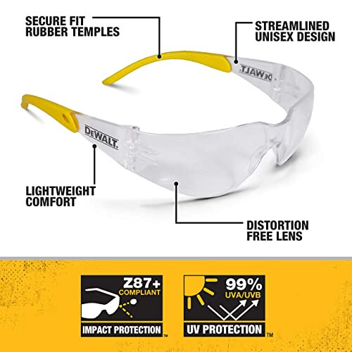 DeWalt DPG54-1D PROTECTOR Clear High Performance Lightweight Protective Safety Glasses With Wraparound Frame -Yellow/Clear (Packaging may vary) 1