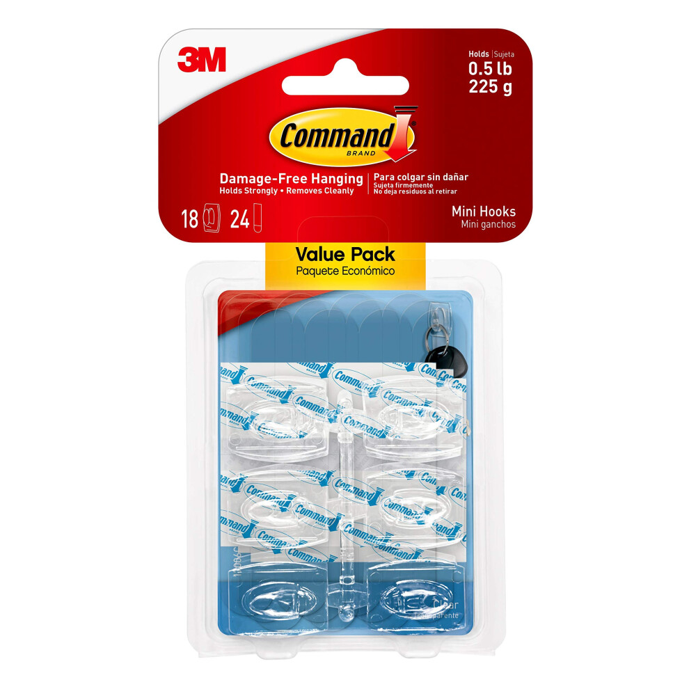 Mini Hook, Value Pack Of 18 Mini Hooks And 24 Small Adhesive Strips, Transparent - Damage Free Hanging - Holds Up To 225 Gm (Packaging May Vary) 031112269153