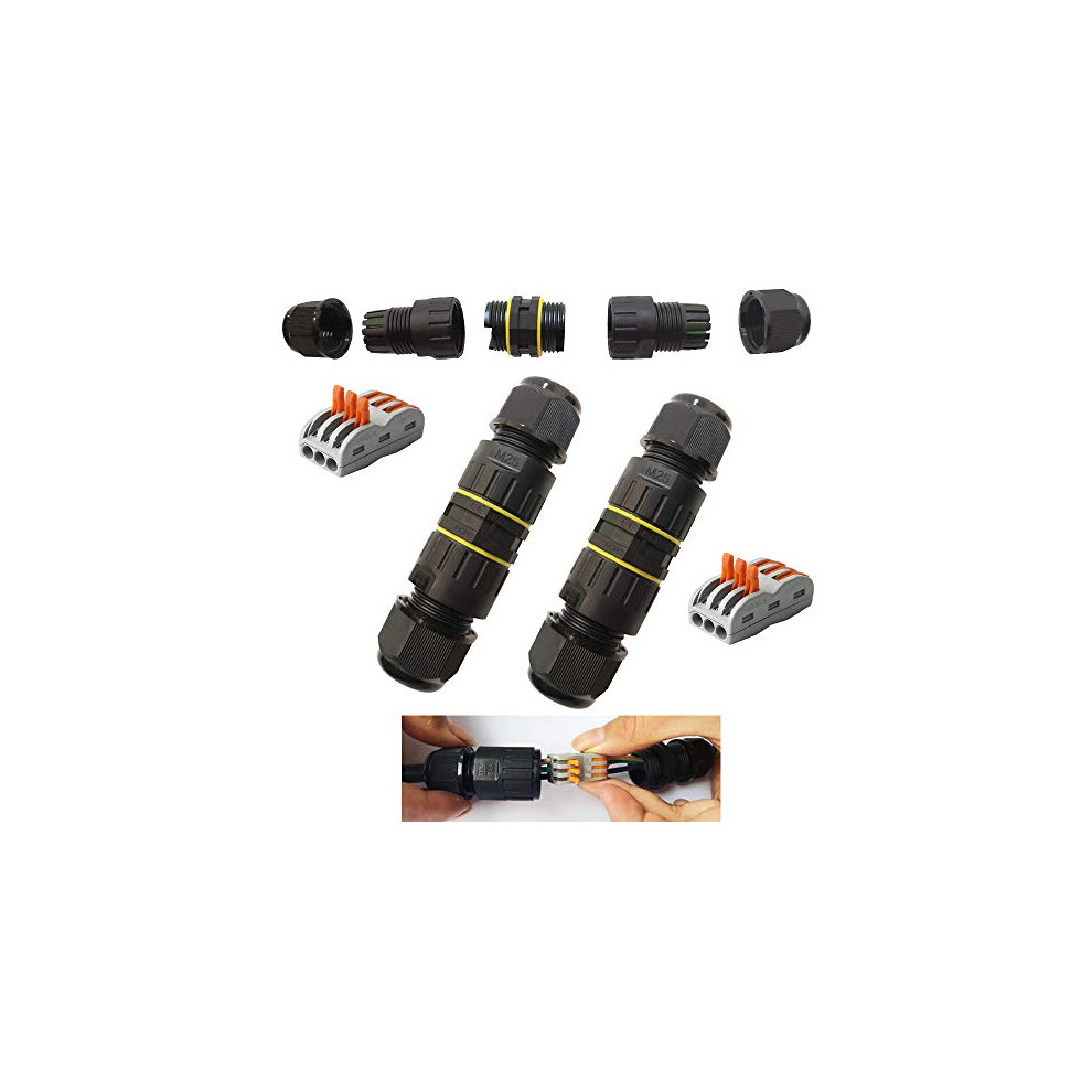 Junction Box Outdoor Waterproof IP68 3 - Way Line M25 Cable Connector Wire Range 6-11mm Power Cord External Sleeve Coupler Protection Box (2 PCS)