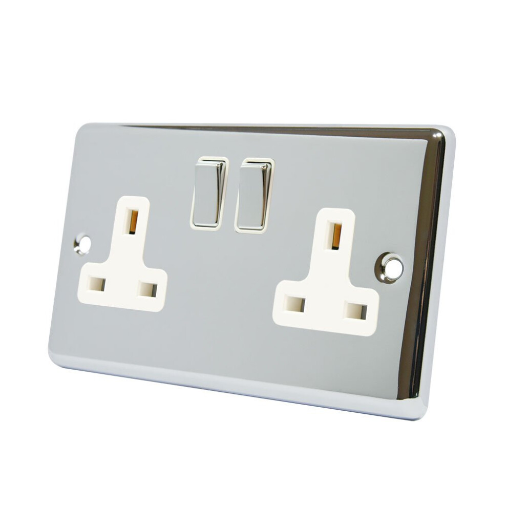 Aet Cpc2gsocwc Polished Chrome Classical 2 Gang White Insert Metal Rocker Switches-13 Amp Double Plug Socket 700461518471