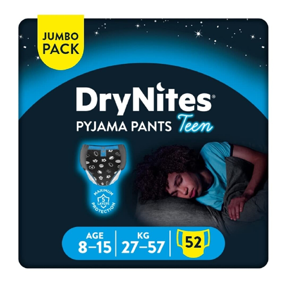 DryNites, Boys' Pyjama Pants, Sizes 8-15 Years (52 Pants) - Discrete Night Time Pants - Maximum Protection to Manage Child and Teen Bed Wetting