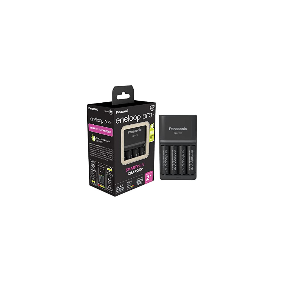 Panasonic eneloop SmartPlus charger | for 1-4 AA/AAA Ni-MH batteries, with 4 LED indicators & 10 safety features including 4 eneloop AA/Mignon